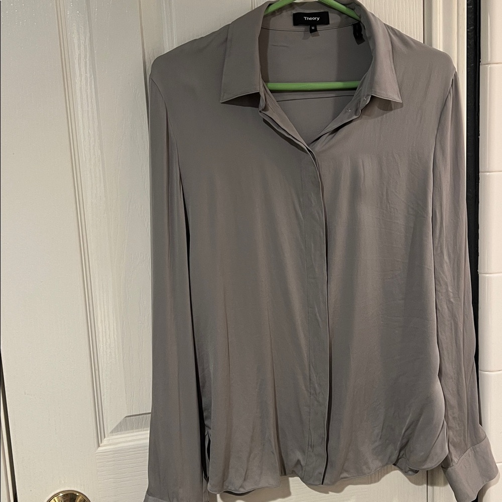 Theory Grey Gorgeous Silk Classic Fitted Collared Long Sleeve Blouse - S/M - Picture 12 of 16